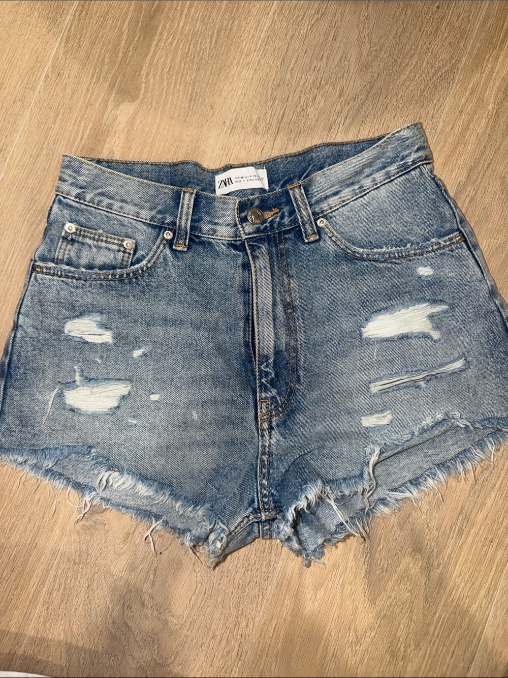 Zara Light Blue Distressed High-Rise Jean Shorts